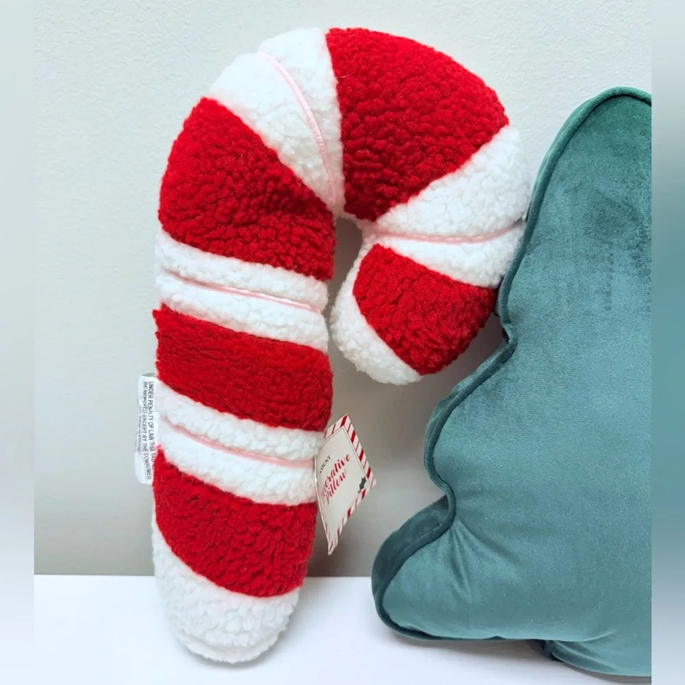 New! Set of 2 Holiday Plush Throw Pillows- Red & White Candy Cane & Green Tree